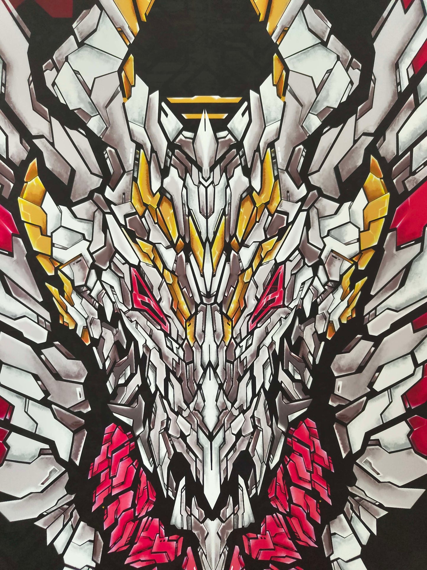 A close up of the detailed digital illustration of a dragon's head in vibrant shades of pink, red, and yellow. The design is geometric with sharp, angular shapes in XeneDragon's art style.