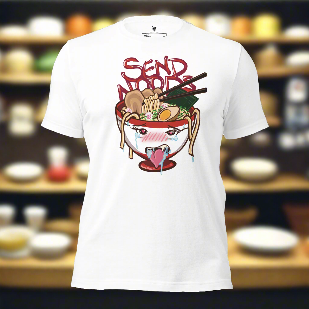 A white shirt with the design features a bowl of noodles with a face and the text "Send Noods" written in red.