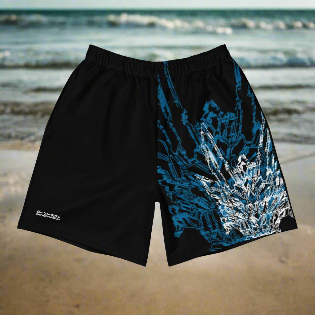 A pair of black athletic shorts with blue and white geometric pattern design based on XeneDragon's generation three DRGN.