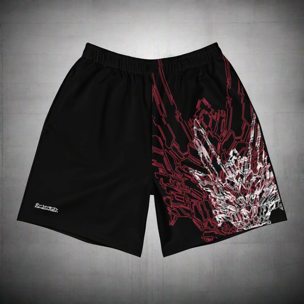 A pair of black athletic shorts with red and white geometric pattern design based on XeneDragon's generation three DRGN.