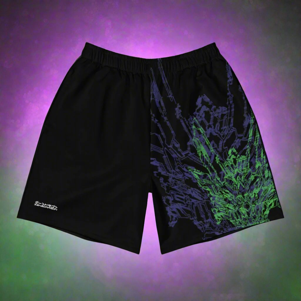 A pair of black athletic shorts with purple and neon green geometric pattern design based on XeneDragon's generation three DRGN.
