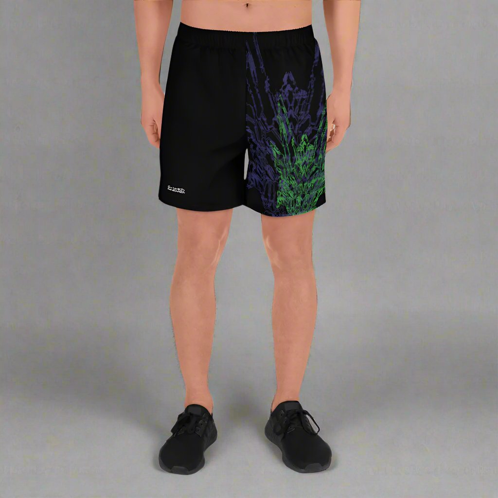 A male model wearing a pair of black athletic shorts with purple and neon green geometric pattern design based on XeneDragon's generation three DRGN.