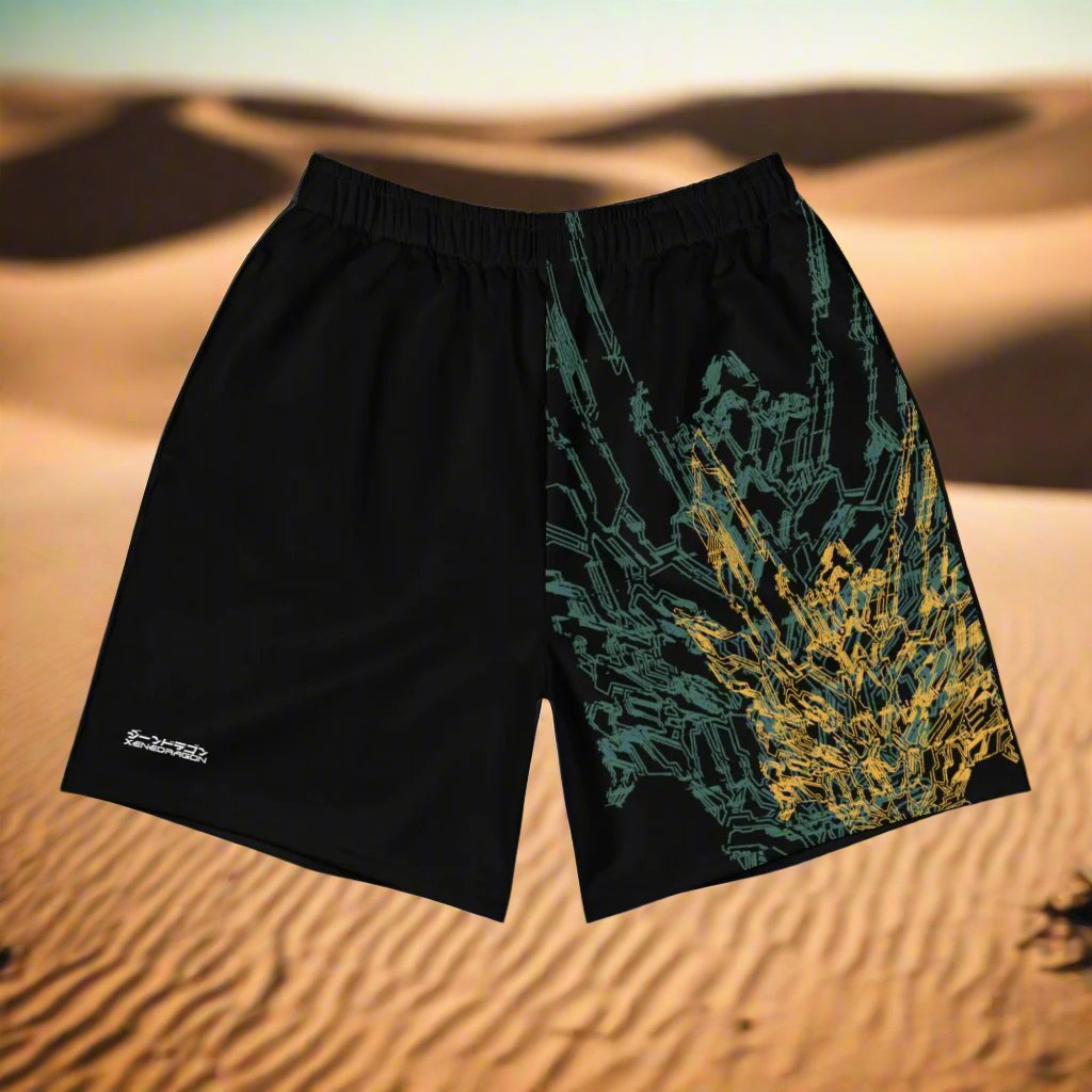 A pair of black athletic shorts with green and yellow geometric pattern design based on XeneDragon's generation three DRGN.