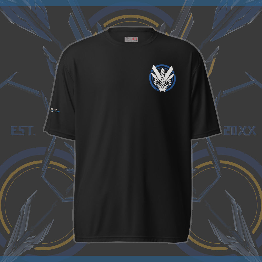The front of an athletic shirt with a dragon logo with a blue circle on the upper left chest section of the shirt.