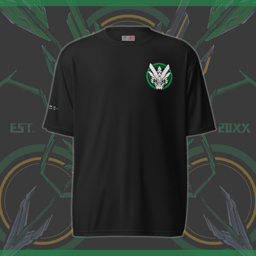 The front of an athletic shirt with a dragon logo with a green circle on the upper left chest section of the shirt.