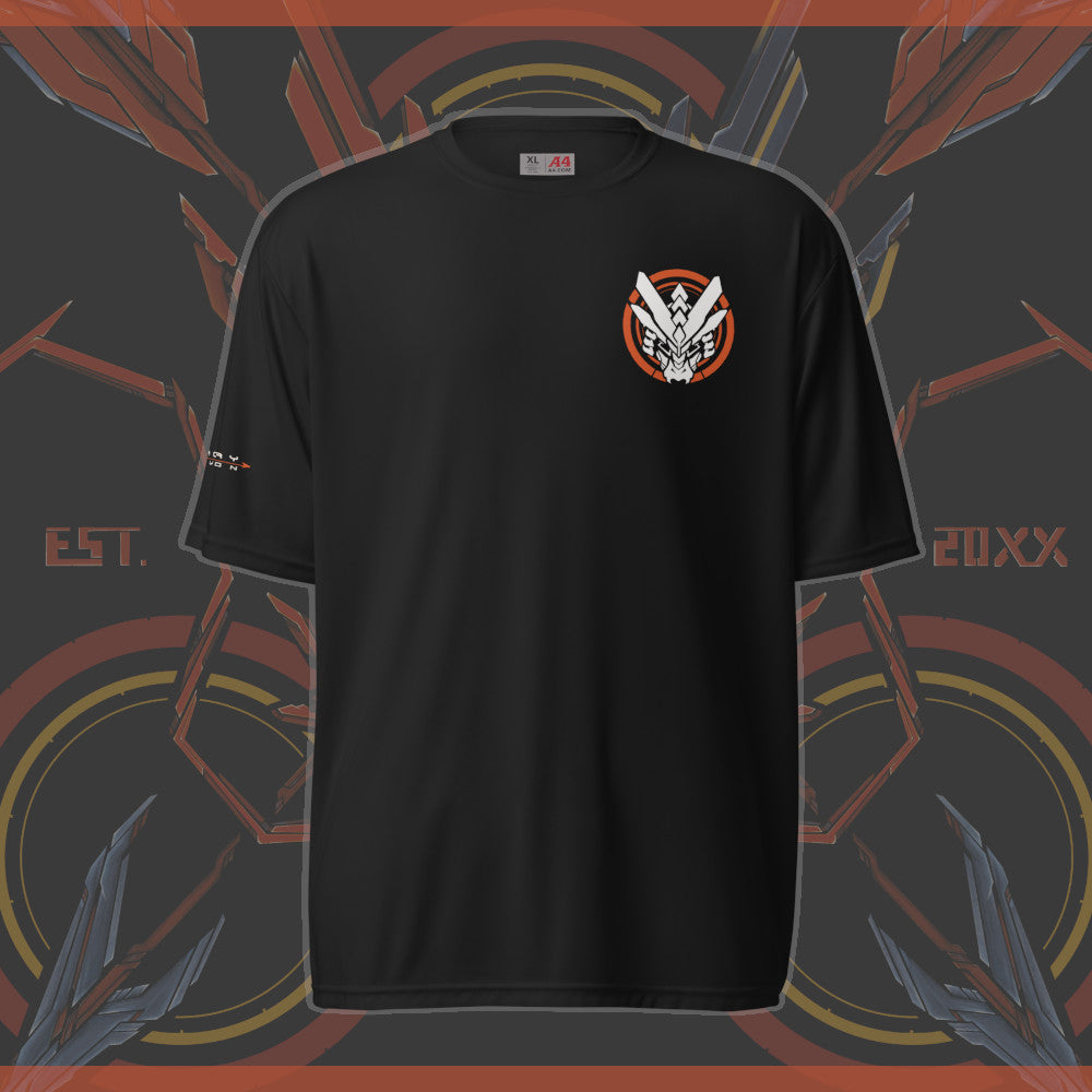 The front of an athletic shirt with a dragon logo with a orange circle on the upper left chest section of the shirt.
