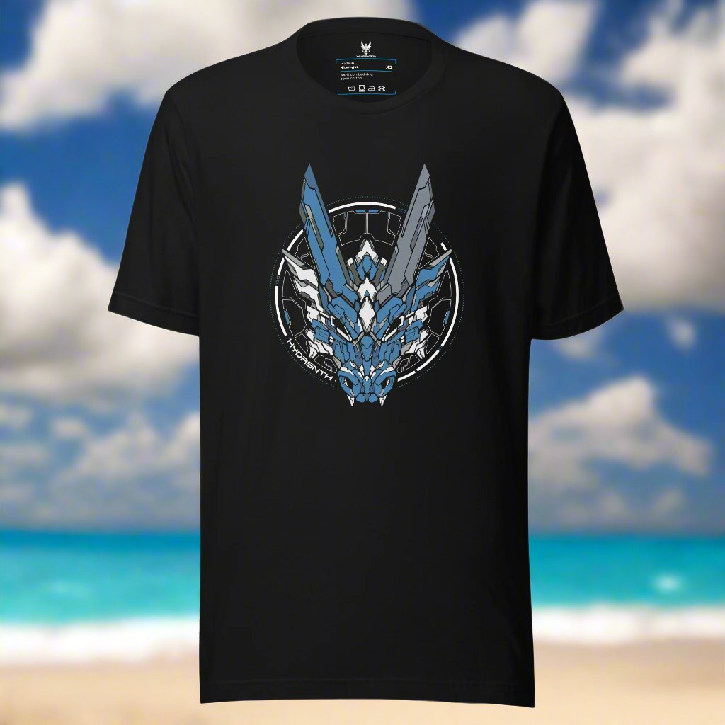 a black t shirt with blue and white detailed design. Featuring XeneDragon's generation three mecha dragon with a sphere design and the text "HYDRSNTH" behind it.