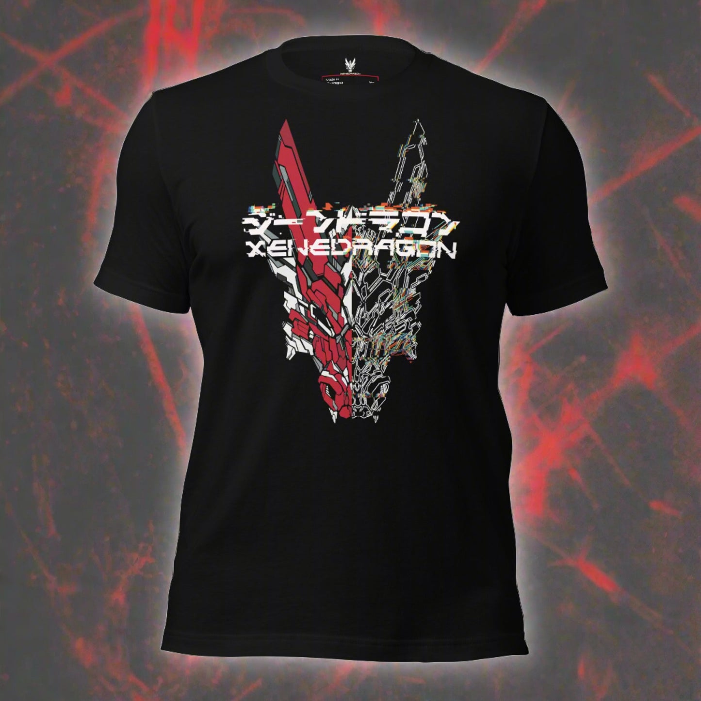 a black t-shirt shirt with a bright red and white detailed design in XeneDragon's Glitched-Out style. Featuring a mecha dragon with Japanese text and text says "XeneDragon."