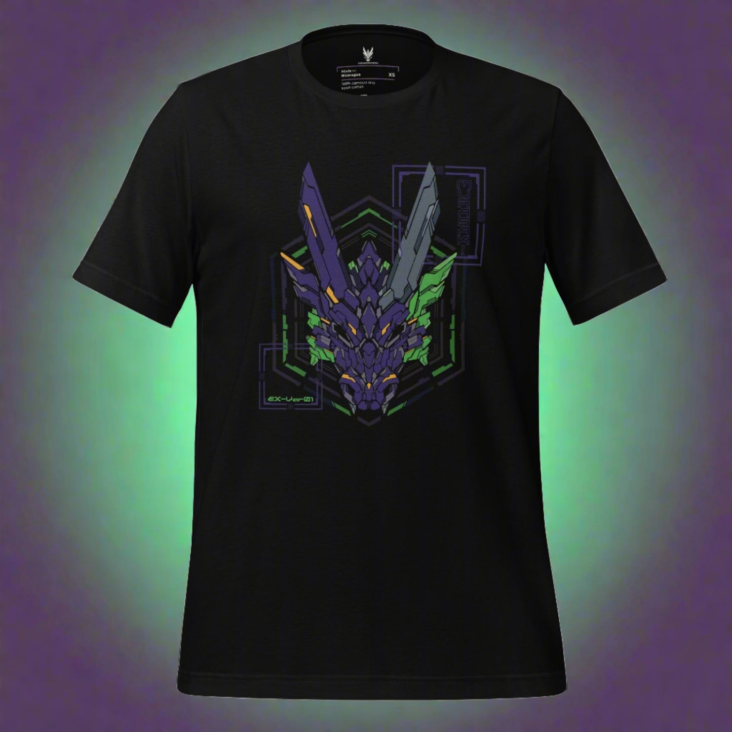 A black tshirt with a detailed design in the front. The design features a stylized dragon head in shades of green and purple. Designed by XeneDragon.