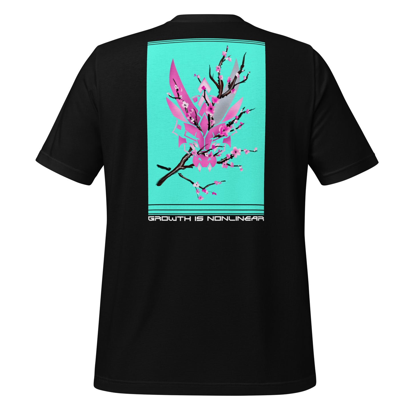A black t-shirt with a graphic design on the back. The design features a stylized dragon head with cherry blossoms surrounding on a teal background. The text "GROWTH IS NONLINEAR" is printed below the image.