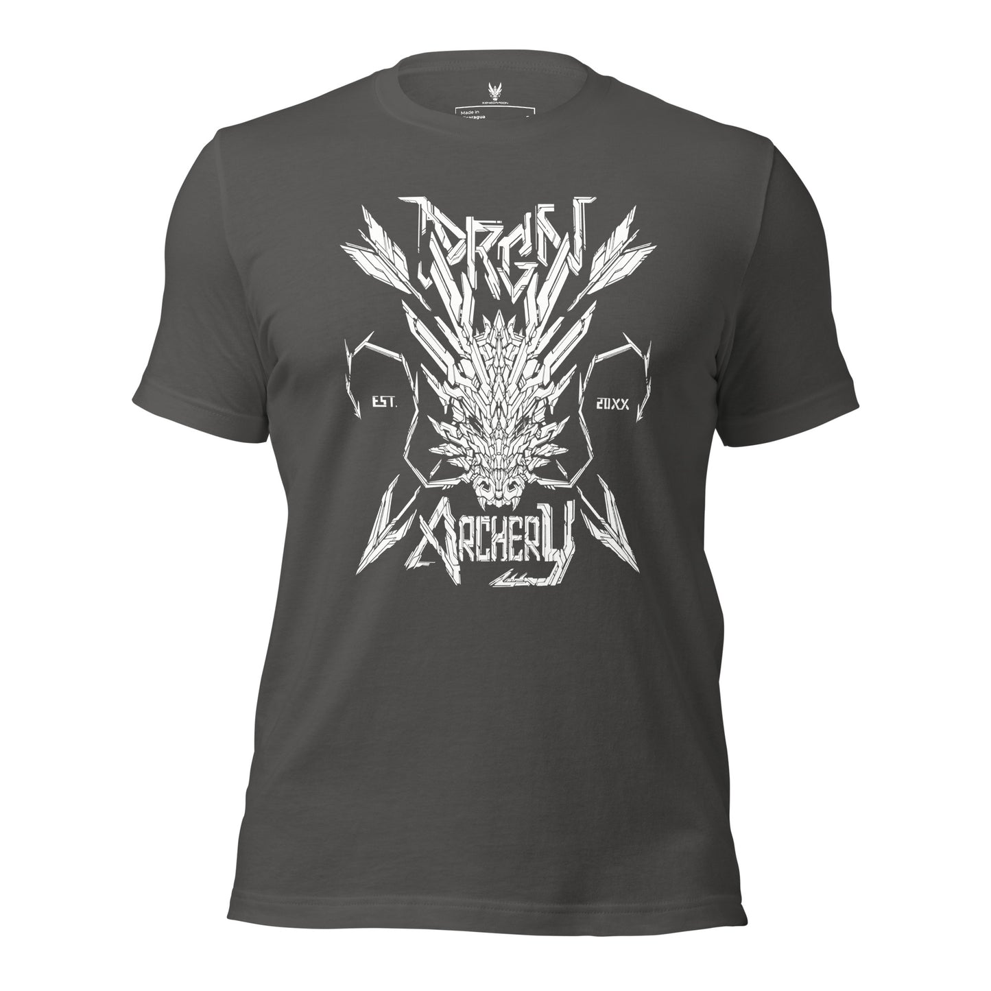 A grey t-shirt with a white graphic design. The design features a stylized dragon head with arrows crossing through it, and the words "DRGN ARCHERY" and "EST. 20XX" written in a bold, stylized font.