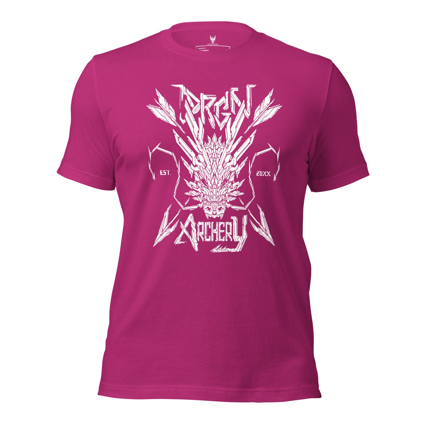 A magenta t-shirt with a white graphic design. The design features a stylized dragon head with arrows crossing through it, and the words "DRGN ARCHERY" and "EST. 20XX" written in a bold, stylized font.