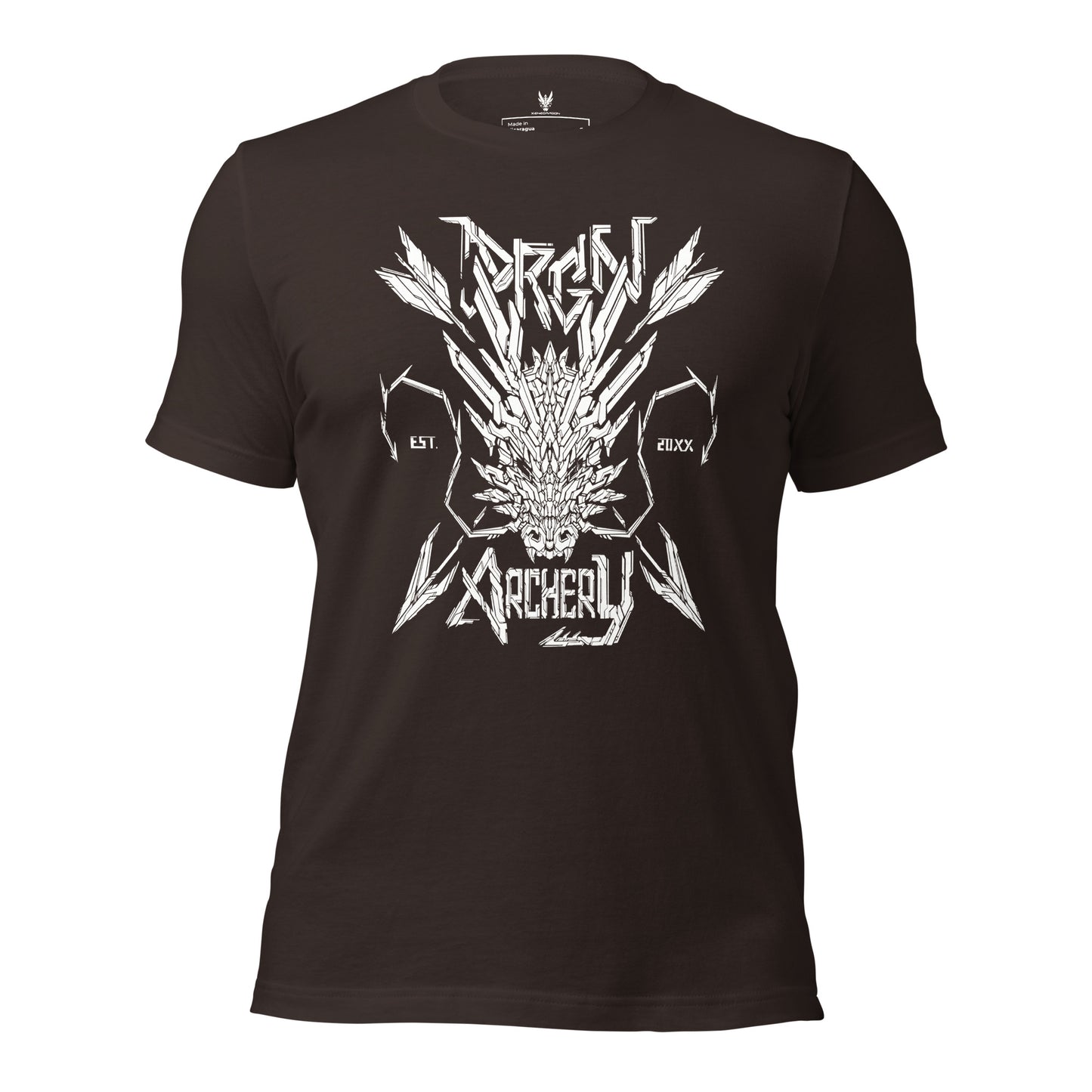 A black t-shirt with a white graphic design. The design features a stylized dragon head with arrows crossing through it, and the words "DRGN ARCHERY" and "EST. 20XX" written in a bold, stylized font.