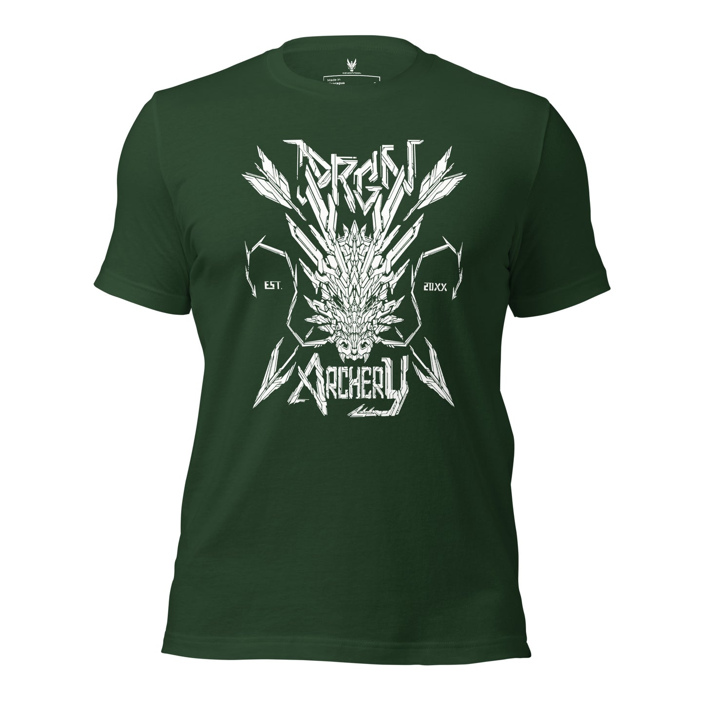 A forest green colored t-shirt with a white graphic design. The design features a stylized dragon head with arrows crossing through it, and the words "DRGN ARCHERY" and "EST. 20XX" written in a bold, stylized font.