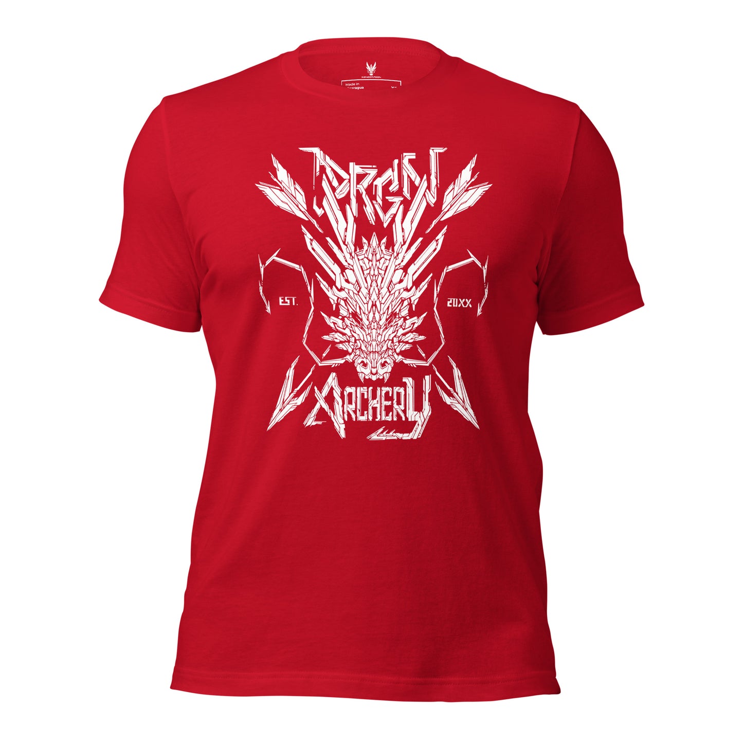 A red t-shirt with a white graphic design. The design features a stylized dragon head with arrows crossing through it, and the words "DRGN ARCHERY" and "EST. 20XX" written in a bold, stylized font.