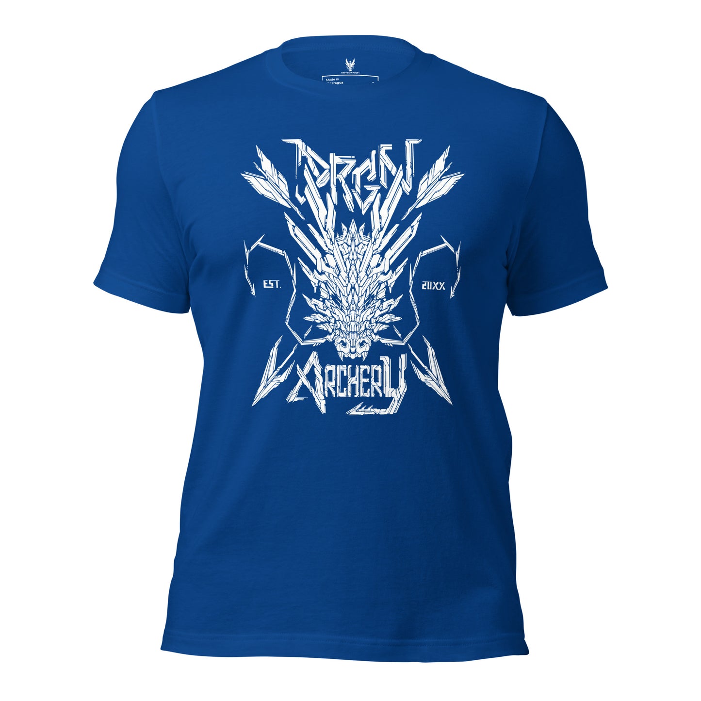 A royal blue colored t-shirt with a white graphic design. The design features a stylized dragon head with arrows crossing through it, and the words "DRGN ARCHERY" and "EST. 20XX" written in a bold, stylized font.