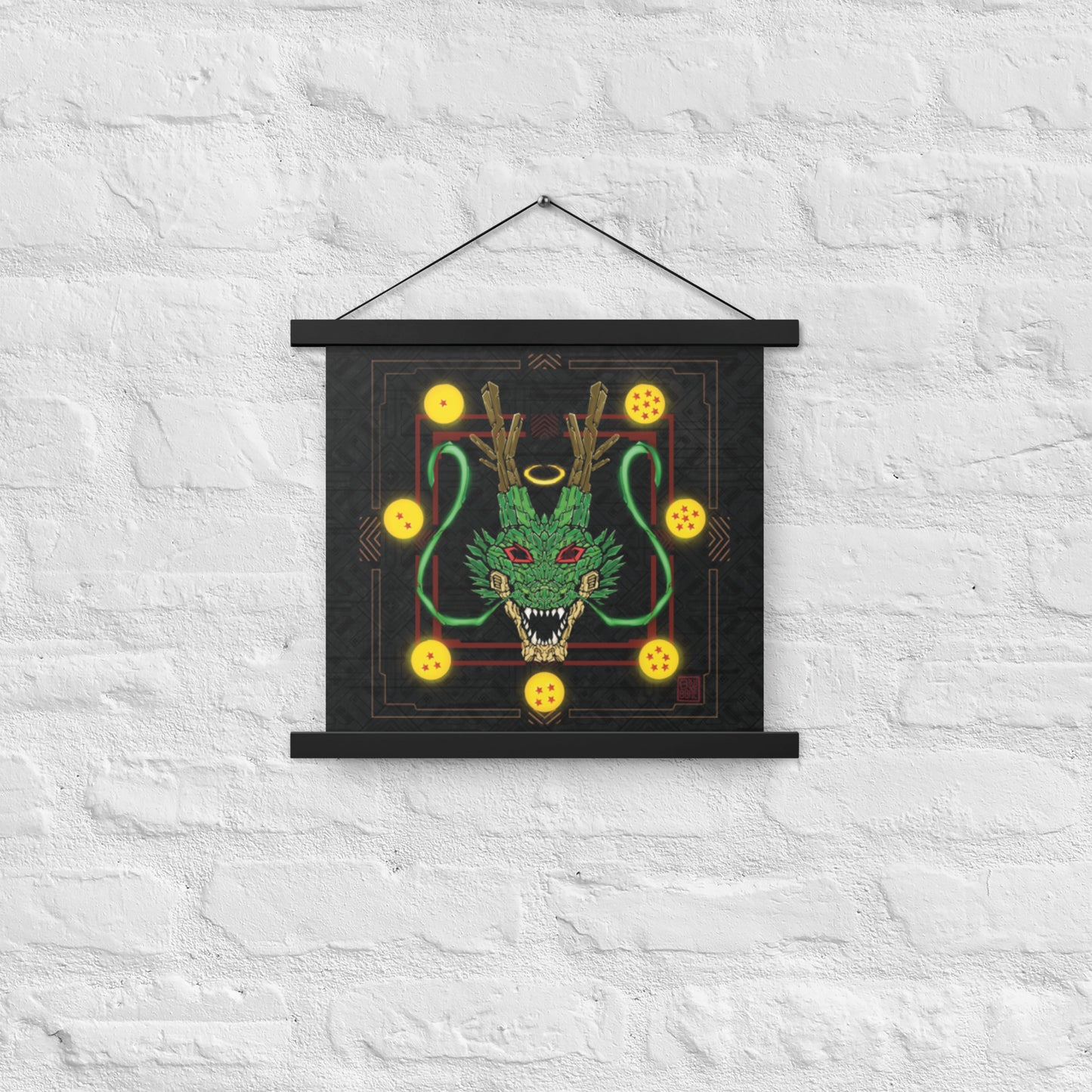A poster featuring a detailed digital illustration of a green powerful dragon head with 7 glowing golden spheres with red stars designs in XeneDragon's signature art style.
