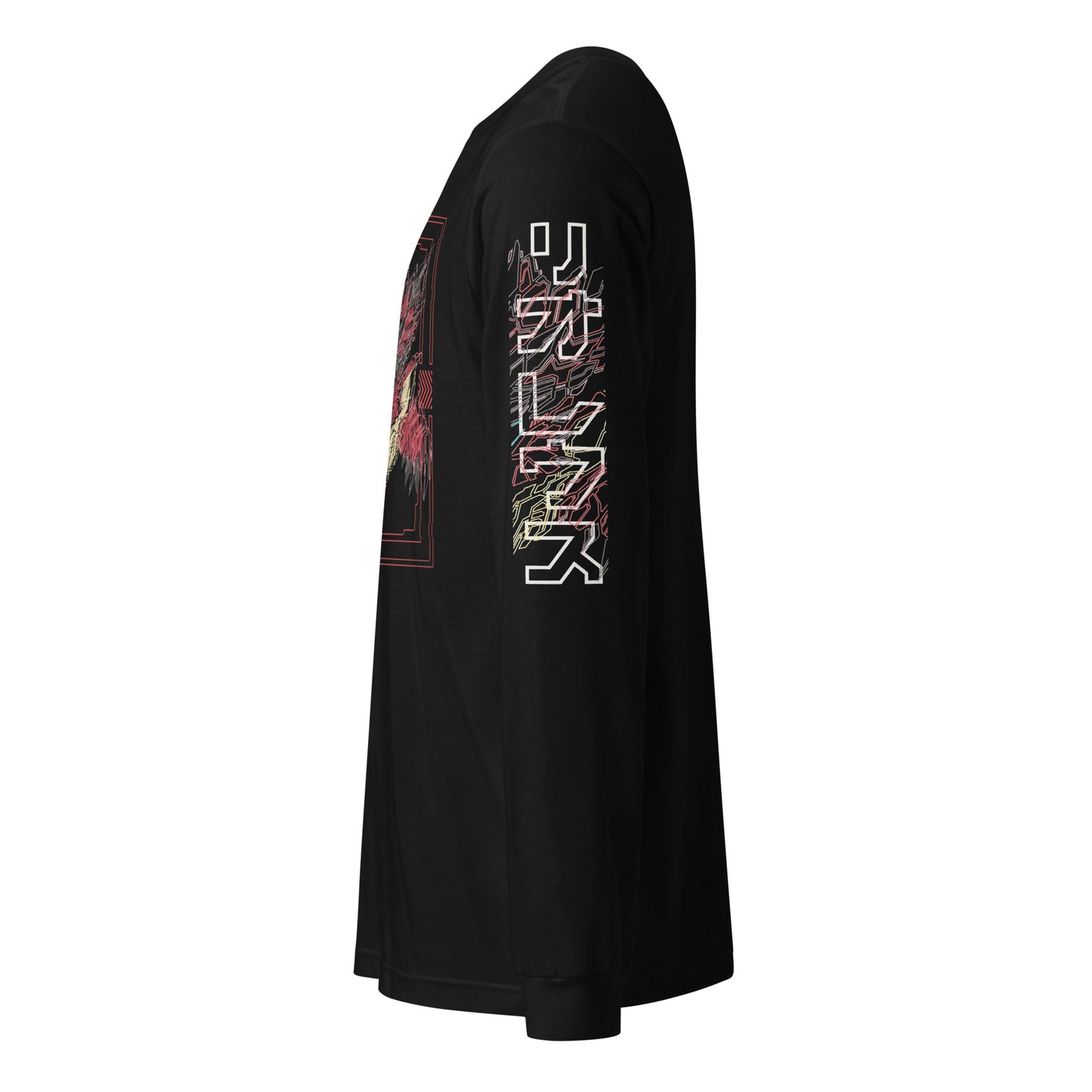A black long-sleeve shirt with the right sleeve showing red geometric designs and Japanese text that says "リオレウス"