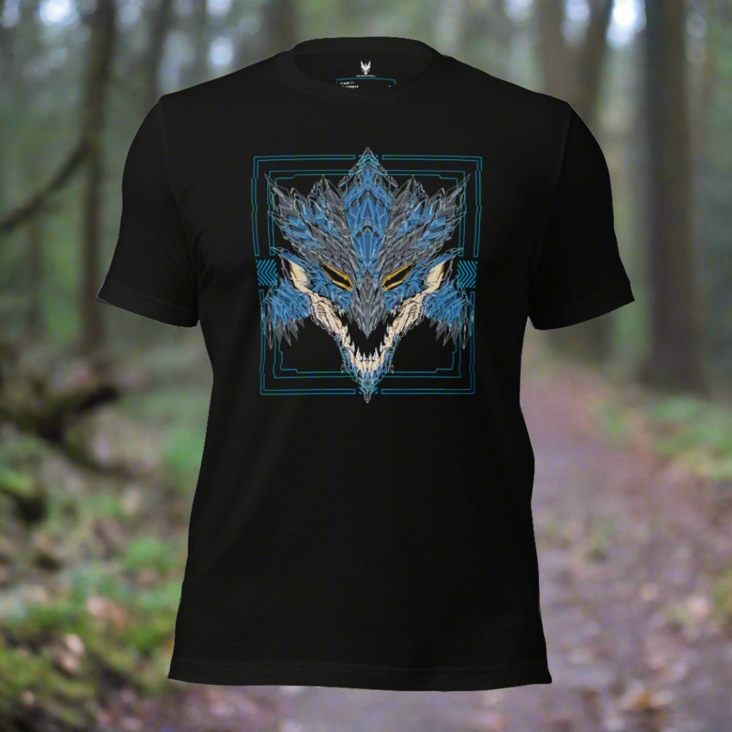 A black t-shirt with a graphic design featuring a stylized dragon head in shades of blue and beige colors.