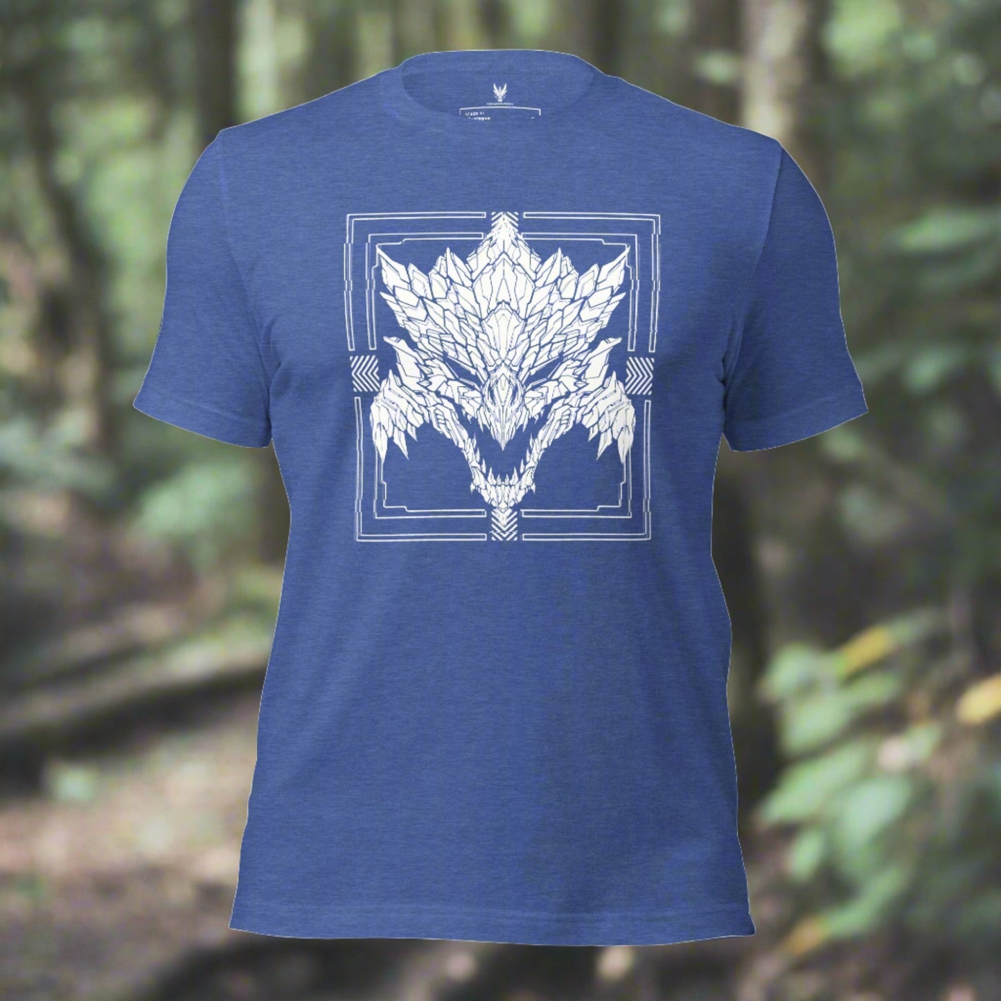 A cobalt blue shirt with a detailed white silhouette design of a stylized monster's head. Designed by XeneDragon.