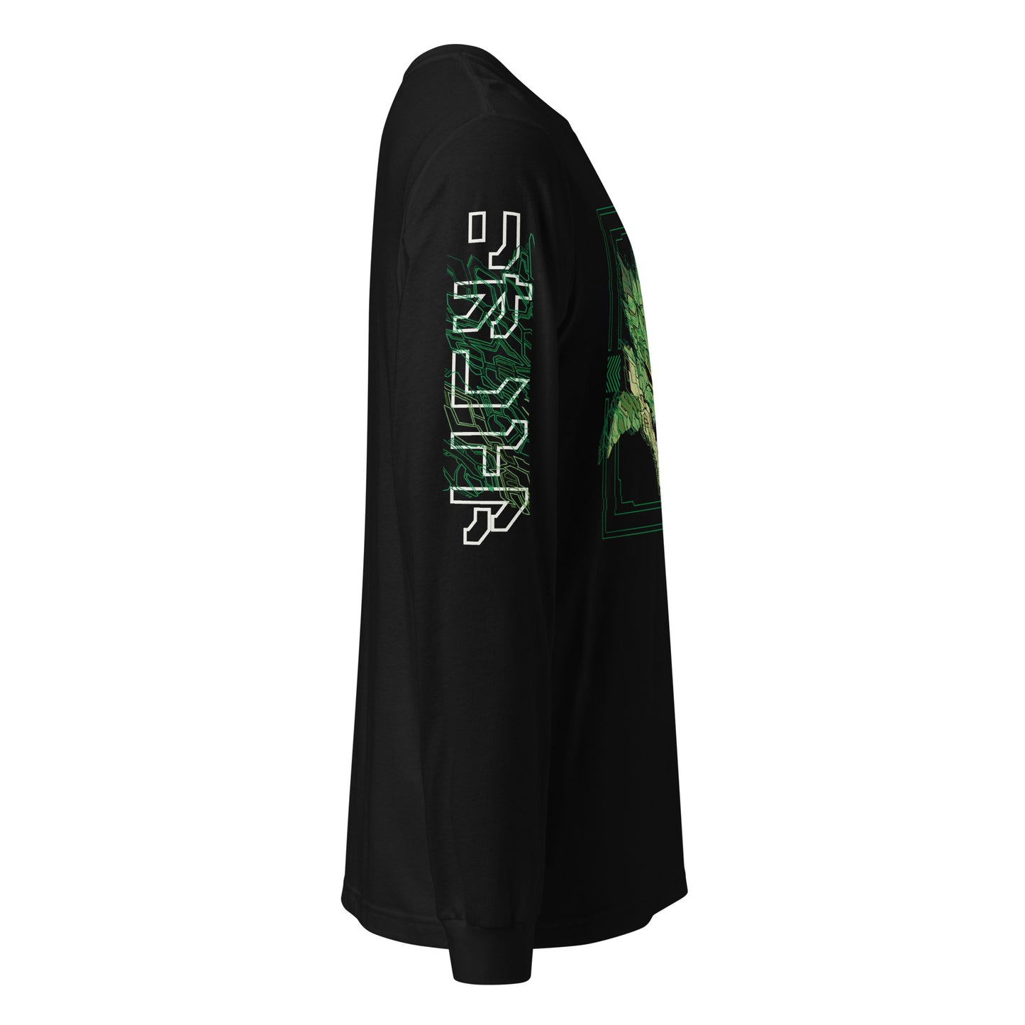 A black long-sleeve shirt with the left sleeve showing green geometric designs and Japanese text that says "リオレイア"