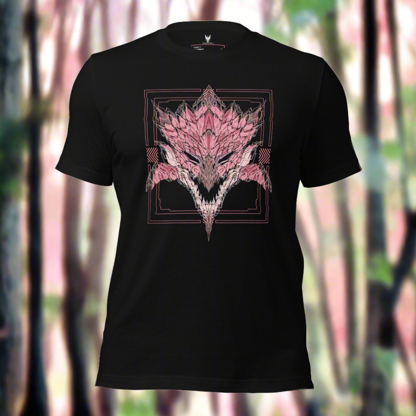 A black t-shirt with a graphic design featuring a stylized dragon head in shades of pink and peach colors.