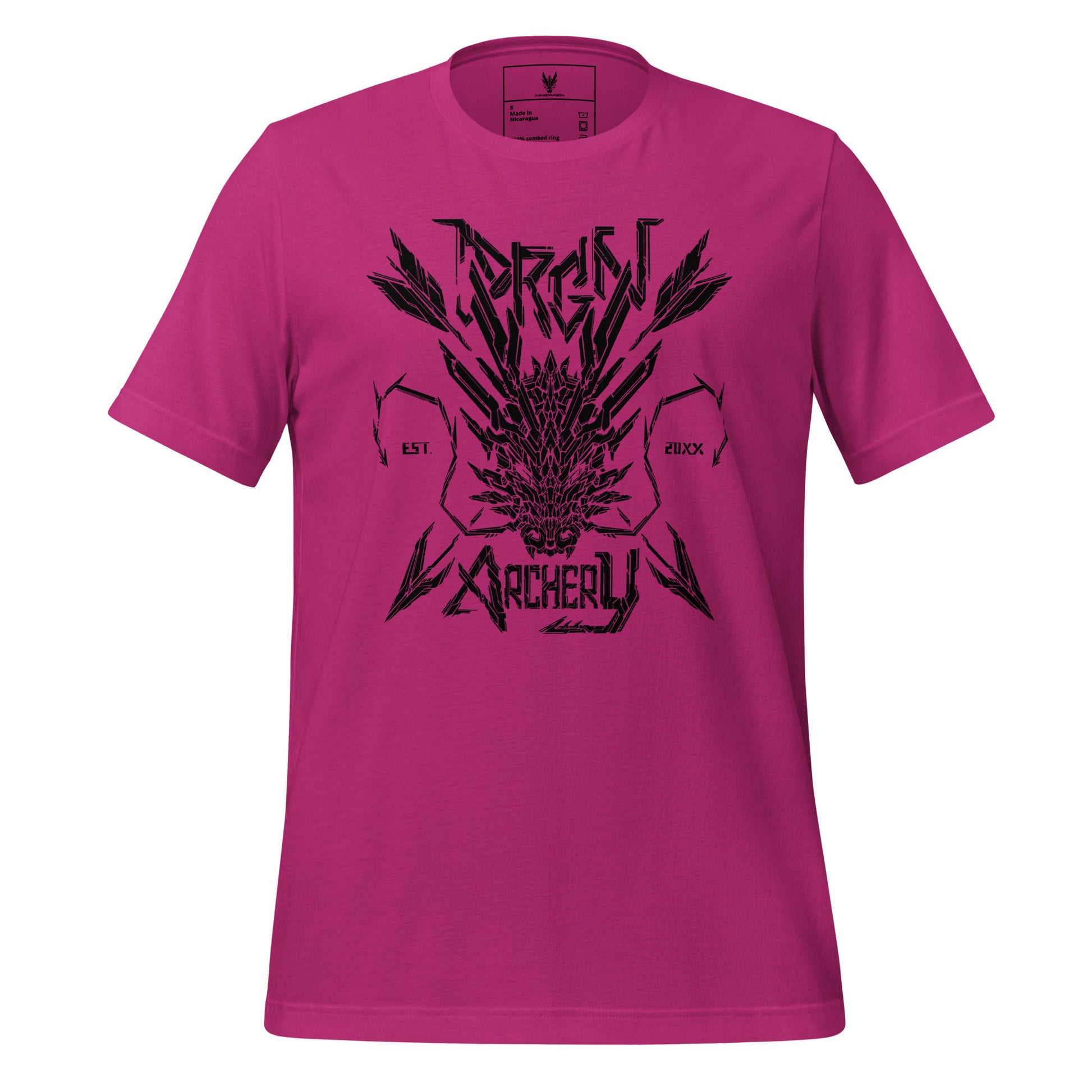 A magenta t-shirt with a black graphic design. The design features a stylized dragon head with arrows crossing through it, and the words "DRGN ARCHERY" and "EST. 20XX" written in a bold, stylized font.