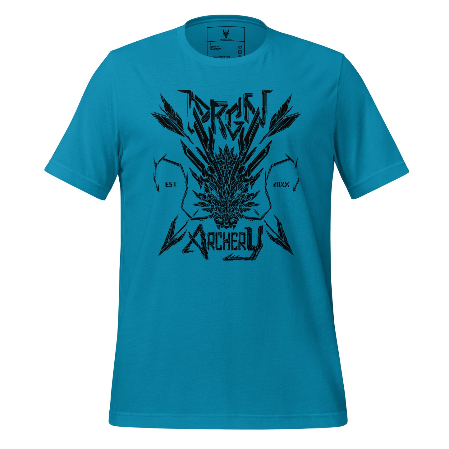 A blue t-shirt with a black graphic design. The design features a stylized dragon head with arrows crossing through it, and the words "DRGN ARCHERY" and "EST. 20XX" written in a bold, stylized font.