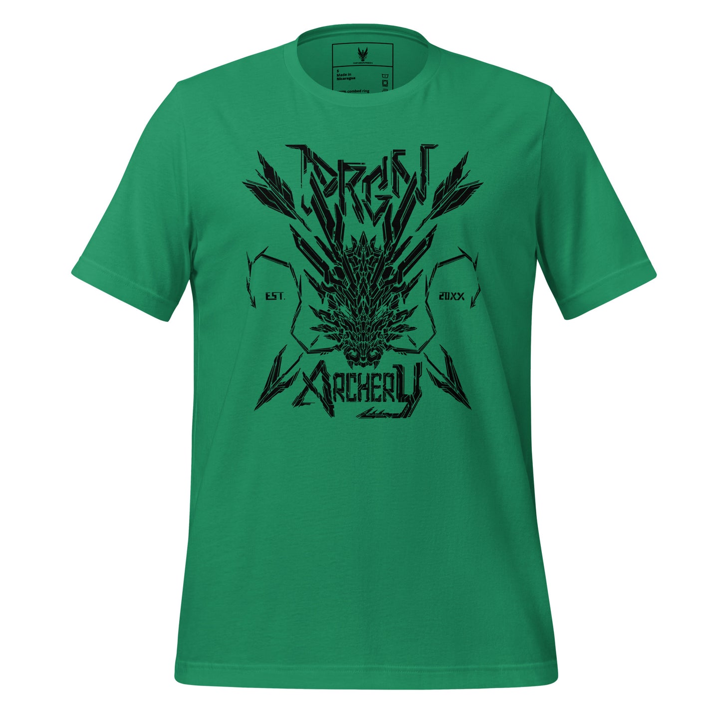 A green t-shirt with a black graphic design. The design features a stylized dragon head with arrows crossing through it, and the words "DRGN ARCHERY" and "EST. 20XX" written in a bold, stylized font.