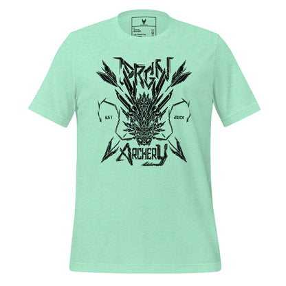 A mint green colored t-shirt with a black graphic design. The design features a stylized dragon head with arrows crossing through it, and the words "DRGN ARCHERY" and "EST. 20XX" written in a bold, stylized font.