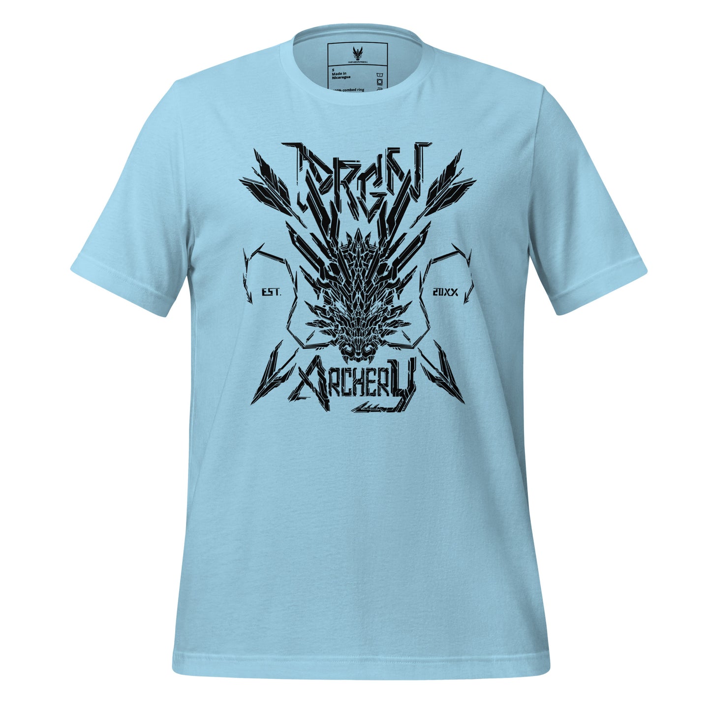 A light blue t-shirt with a black graphic design. The design features a stylized dragon head with arrows crossing through it, and the words "DRGN ARCHERY" and "EST. 20XX" written in a bold, stylized font.