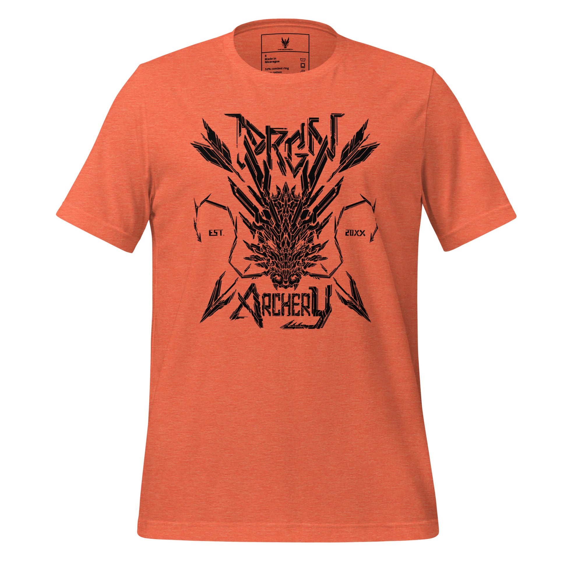 An orange t-shirt with a black graphic design. The design features a stylized dragon head with arrows crossing through it, and the words "DRGN ARCHERY" and "EST. 20XX" written in a bold, stylized font.