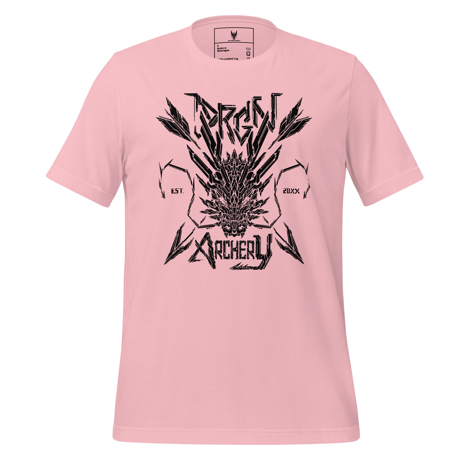 A pink t-shirt with a black graphic design. The design features a stylized dragon head with arrows crossing through it, and the words "DRGN ARCHERY" and "EST. 20XX" written in a bold, stylized font.