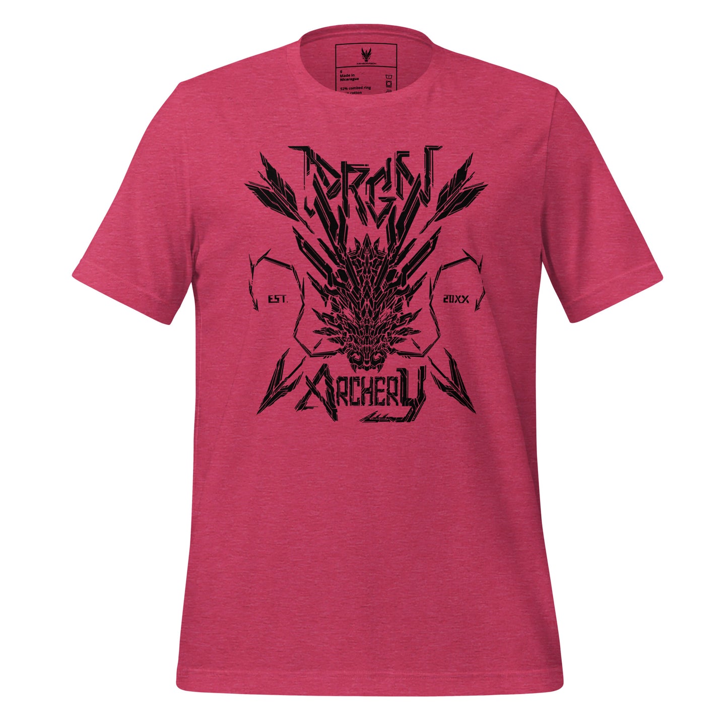 A dark pink t-shirt with a black graphic design. The design features a stylized dragon head with arrows crossing through it, and the words "DRGN ARCHERY" and "EST. 20XX" written in a bold, stylized font.