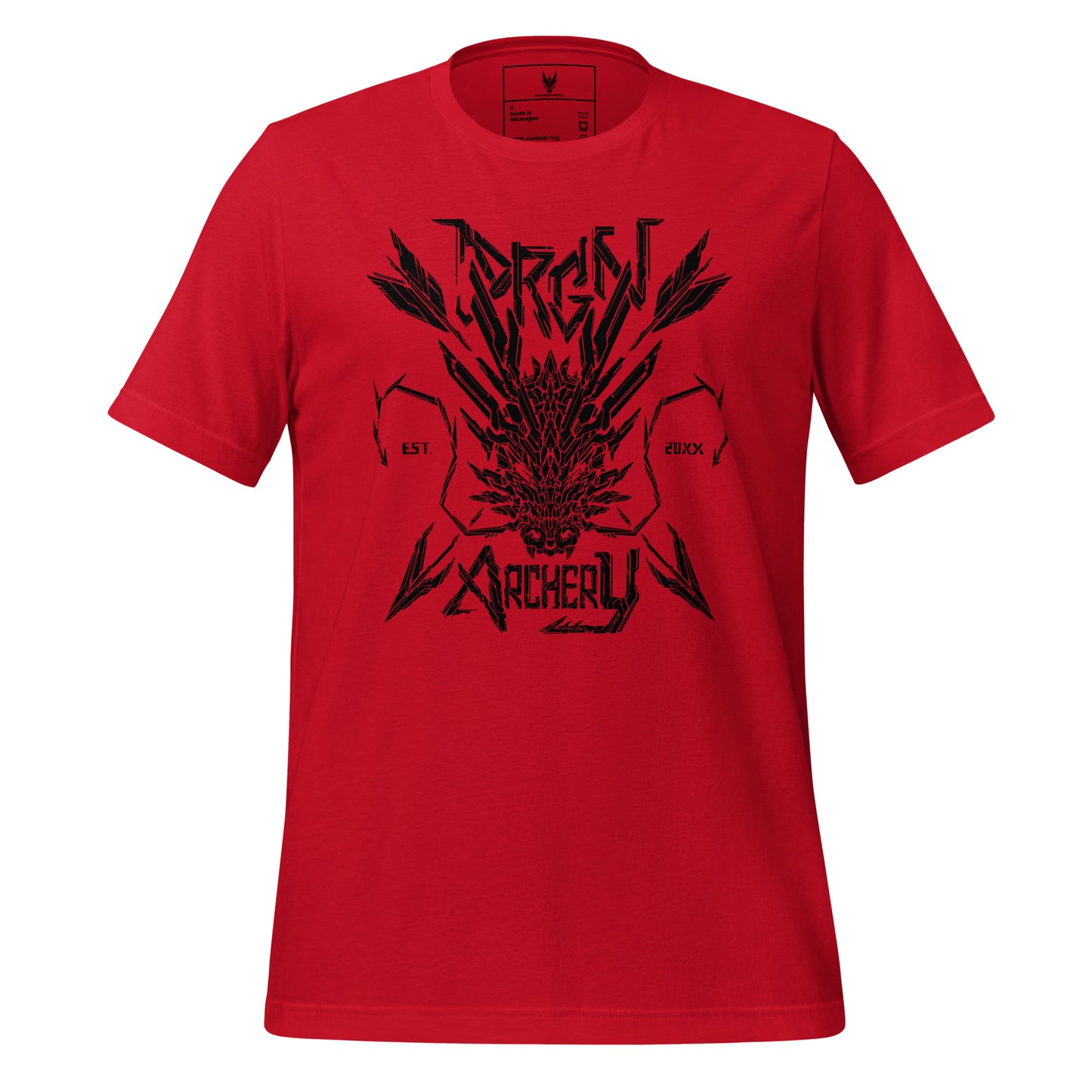 A red t-shirt with a black graphic design. The design features a stylized dragon head with arrows crossing through it, and the words "DRGN ARCHERY" and "EST. 20XX" written in a bold, stylized font.