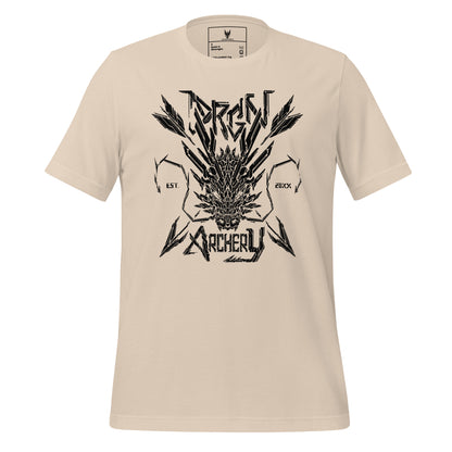 A soft cream colored t-shirt with a black graphic design. The design features a stylized dragon head with arrows crossing through it, and the words "DRGN ARCHERY" and "EST. 20XX" written in a bold, stylized font.