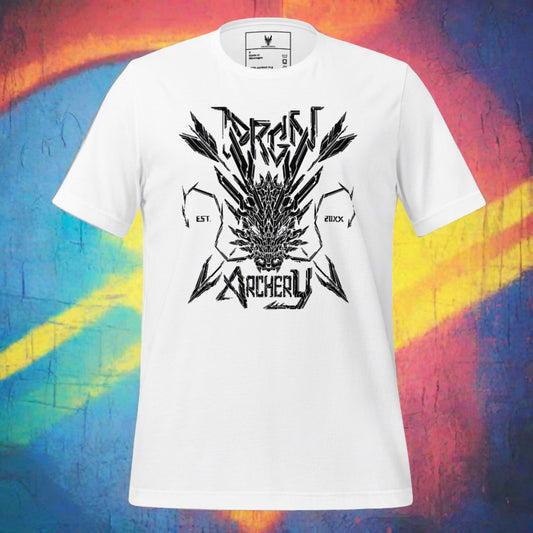 A white t-shirt with a black graphic design. The design features a stylized dragon head with arrows crossing through it, and the words "DRGN ARCHERY" and "EST. 20XX" written in a bold, stylized font.