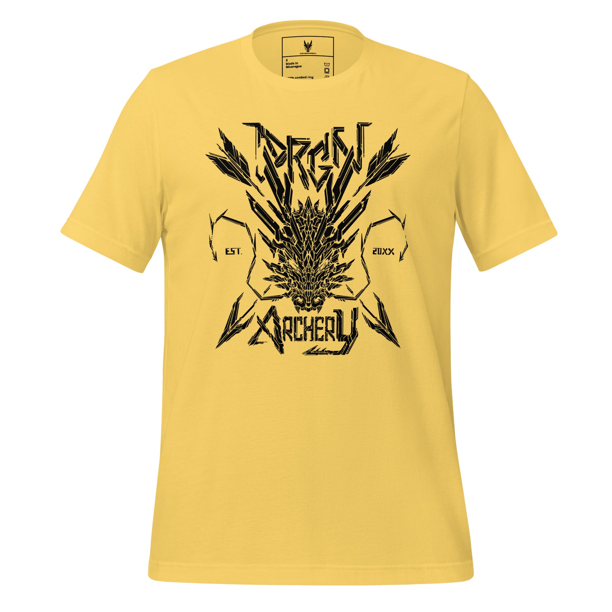 A yellow t-shirt with a black graphic design. The design features a stylized dragon head with arrows crossing through it, and the words "DRGN ARCHERY" and "EST. 20XX" written in a bold, stylized font.