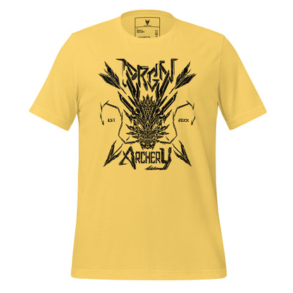 A yellow t-shirt with a black graphic design. The design features a stylized dragon head with arrows crossing through it, and the words "DRGN ARCHERY" and "EST. 20XX" written in a bold, stylized font.