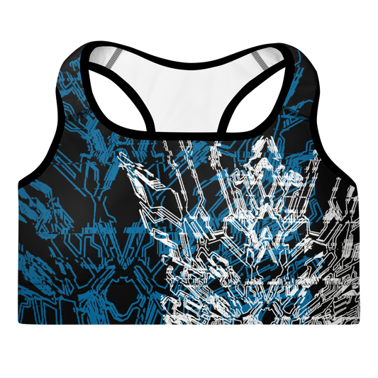 A black sports bra with Xenedragon's blue and white geometric wireframe design of the generation three DRGNS in the front.