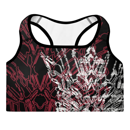 A black sports bra with Xenedragon's red and white geometric wireframe design of the generation three DRGNS in the front.