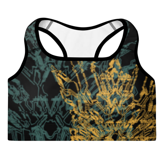 A black sports bra with Xenedragon's green and yellow geometric wireframe design of the generation three DRGNS in the front.