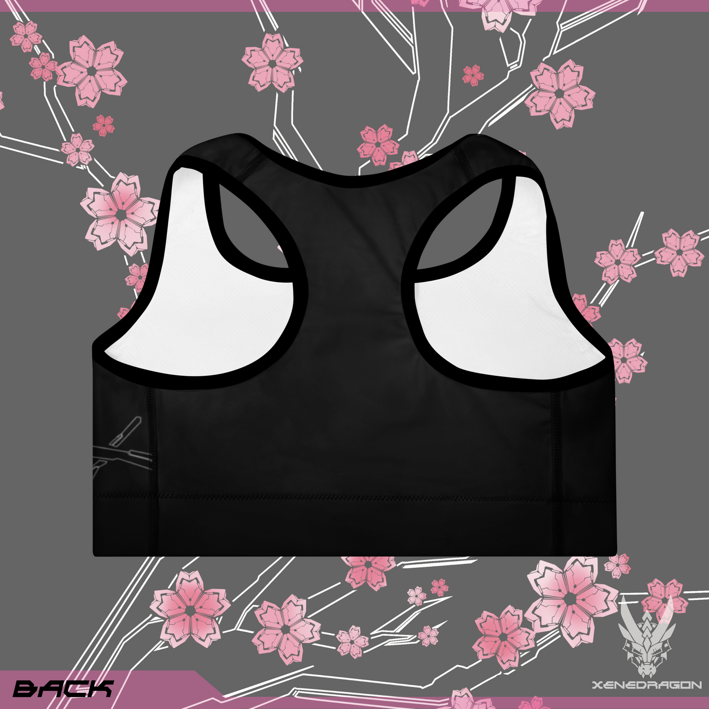 The back of a black sports bra with pink accents and geometric Japanese cherry blossom pattern design.