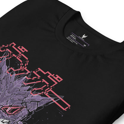 A close-up of the neck tag of a black t-shirt. The tag shows XeneDragon Logo, the size and other specifications of the shirt. The design is white text with purple accents.