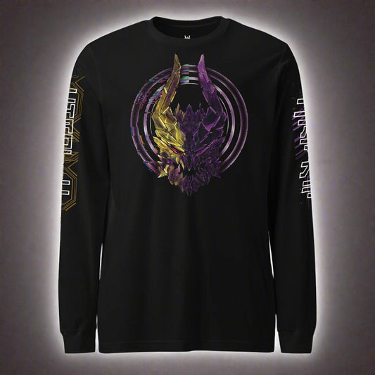 Longsleeve shirt  with a golden and purple dragon design. 