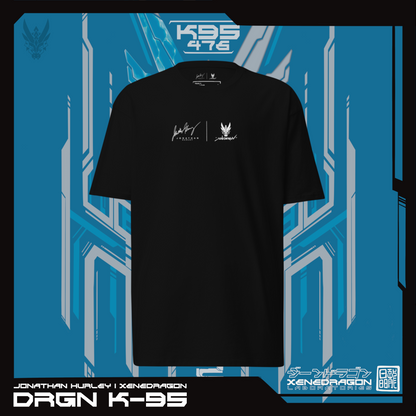 A black t-shirt of a logo that shows a signature of the talented guitarist Jonathan Hurley and the XeneDragon Logo