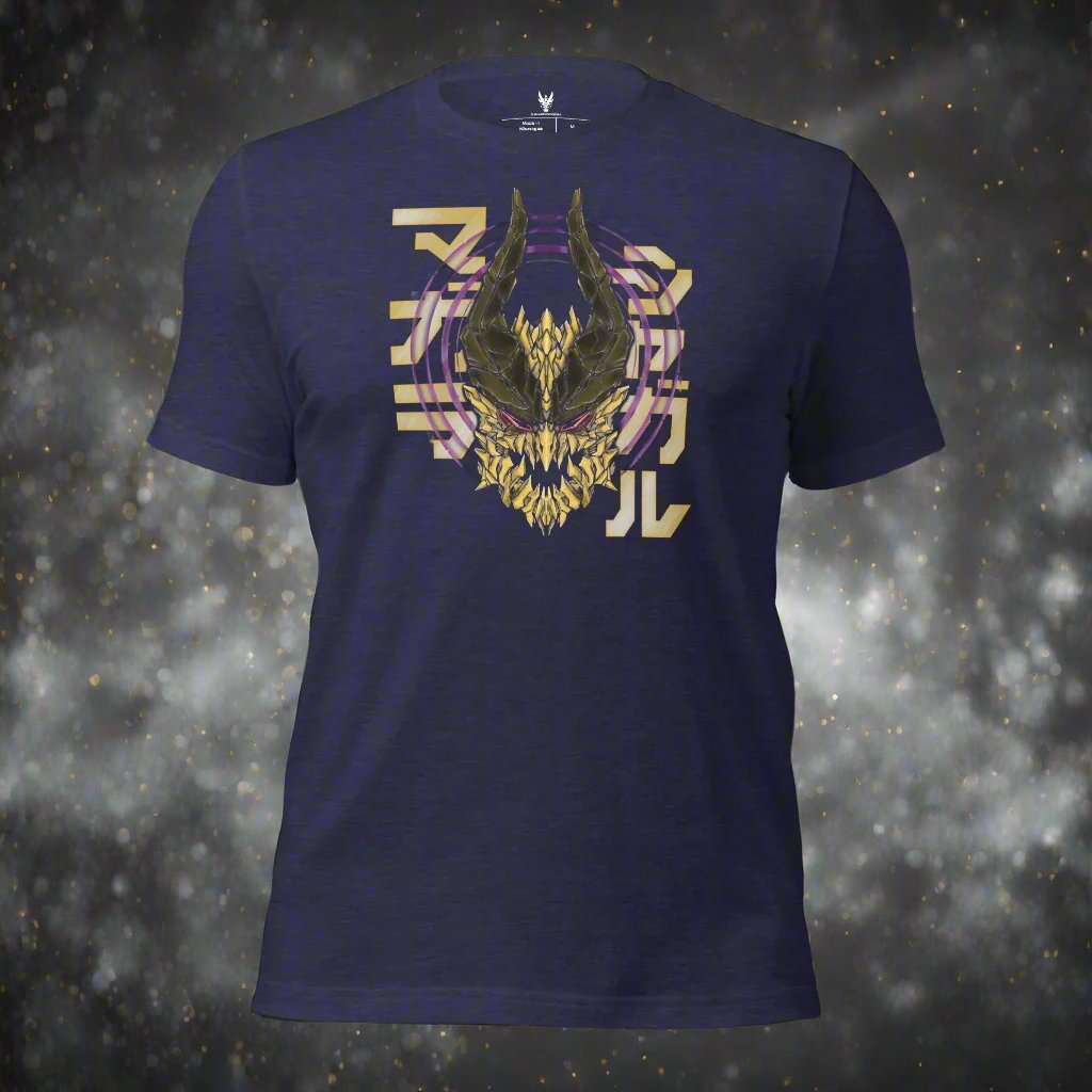 A dark blue and purple t-shirt of a detailed design of a stylized creature's head. The design features a dark background with a golden dragon head with a purple circular designs behind the dragon's head.With Japanese text that says "シャガルマガラ" in the background.