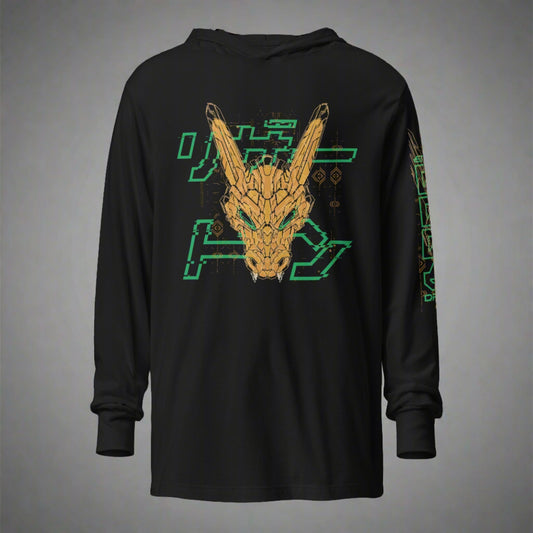 A black shirt with a hoodie featuring a stylized design of yellow orange dragon with green eyes with pixelated effect. The red Japanese text says "リザードン"