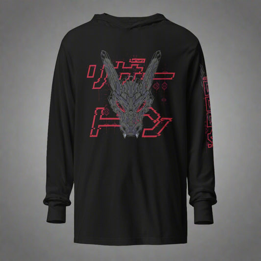 A black shirt with a hoodie featuring a stylized design of black dragon with red eyes with pixelated effect. The red Japanese text says "リザードン"