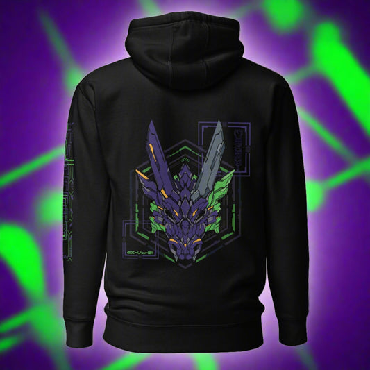 A black hoodie with a large, detailed design on the back. The design features a stylized dragon head in shades of green and purple. Designed by XeneDragon.